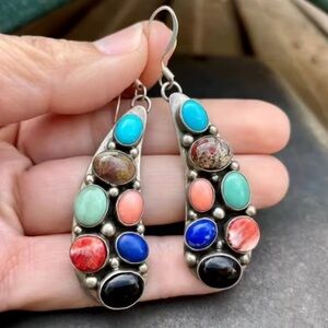 Vintage Natural Stones Earrings – Turquoise Coral Onyx Gem Dangles